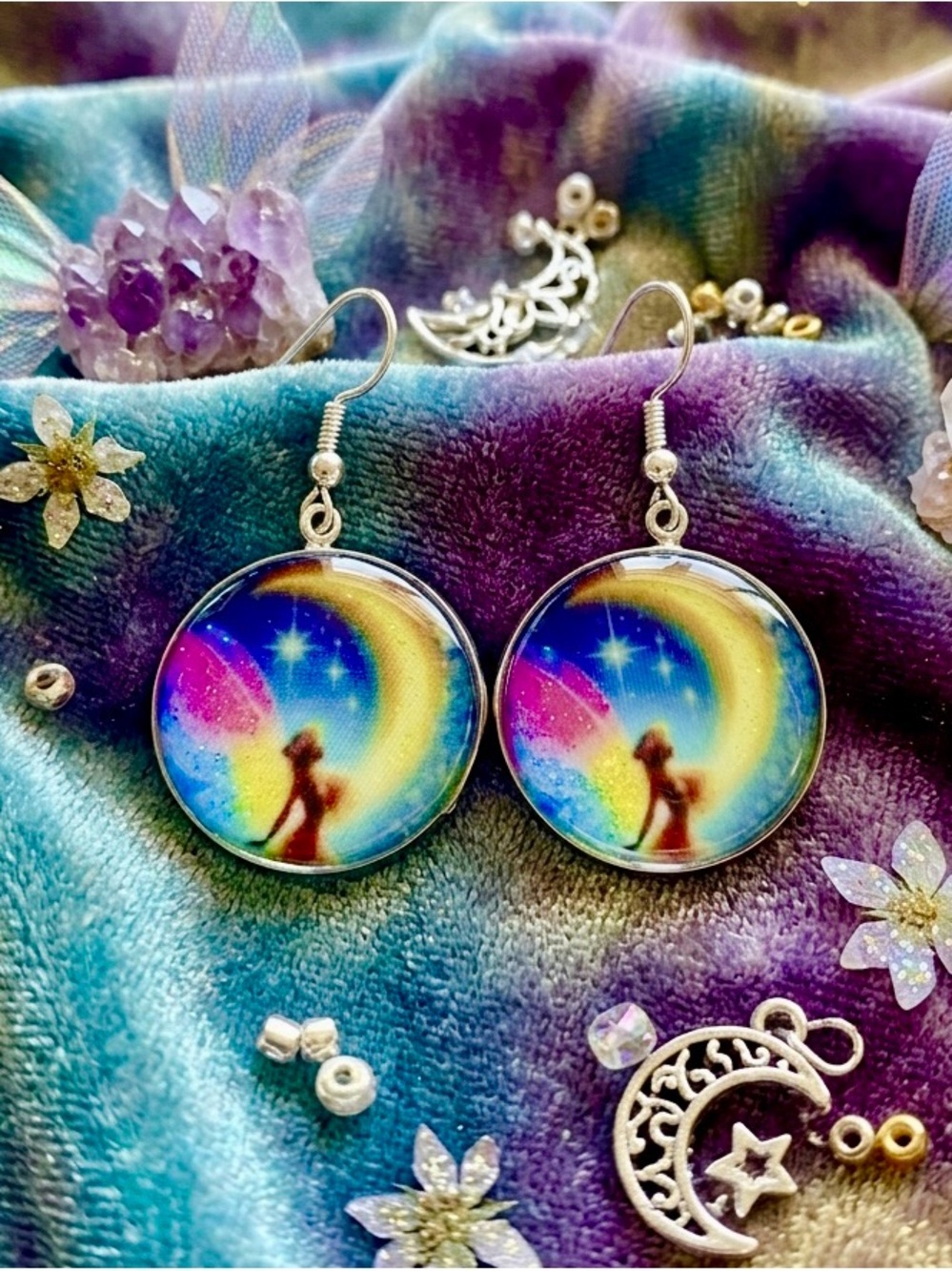 Moonlit Silhouette Rainbow Drop Earrings - Silver